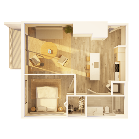 Floor plan for 1 bed, 1 bath, 734 sqft